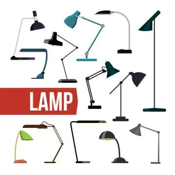 Lamp Set Vector. Table Desk Office Modern Lamps. Indoor Electricity Creative Illustrazione stock