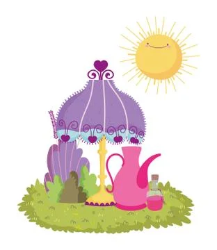 Lamp teapot elixir bottle grass sun cartoon Stock Illustration