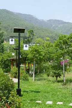 Lamppost powered by a solar panel in a mountain park in China Stock-Fotos