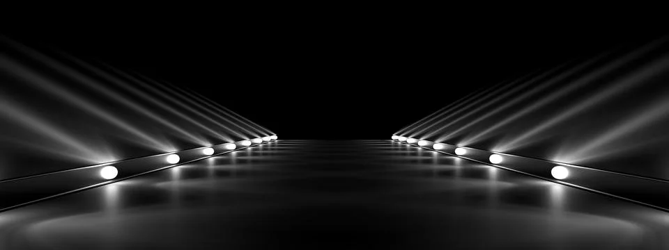 Lamps along an empty smooth track , beautiful reflections on sloping walls. 3 Stock Illustration