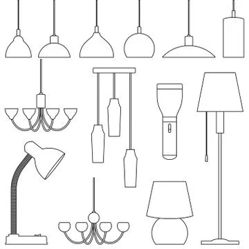 Lamps of different types, set. Chandeliers, lamps, bulbs, table lamp, flashli Stock Illustration