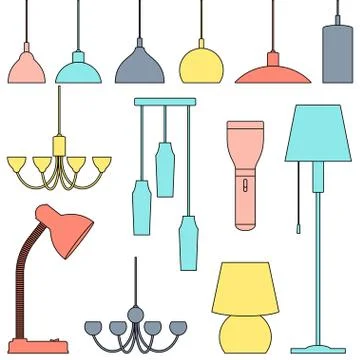 Lamps of different types, set. Chandeliers, lamps, bulbs, table lamp, flashli Stock Illustration