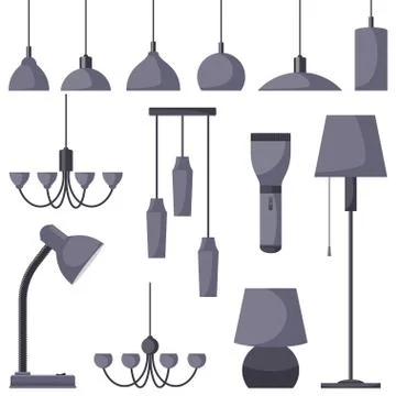 Lamps of different types, set. Chandeliers, lamps, bulbs, table lamp, flashli Stock Illustration