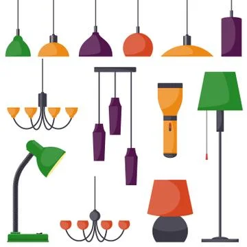 Lamps of different types, set. Chandeliers, lamps, bulbs, table lamp, flashli Stock Illustration