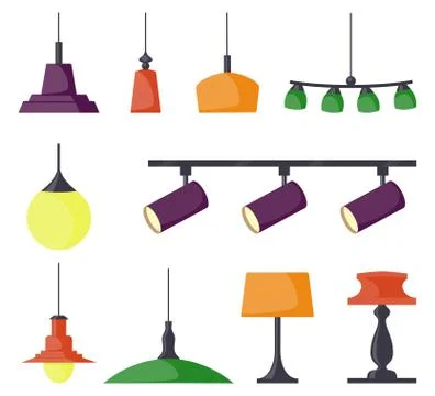 Lamps of different types, set. Chandeliers, lamps, bulbs, table lamp, spotlig Stock Illustration