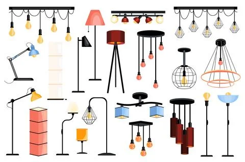 Lamps set graphic elements in flat design. Bundle of different types of tab.. Stock Illustration