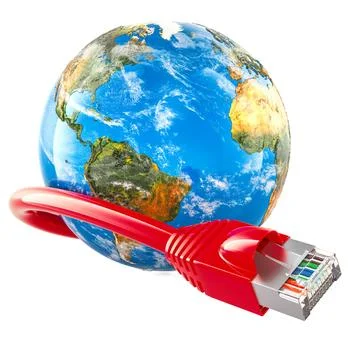 Lan cable with Earth Globe. Global Internet connection concept. 3D rendering 스톡 일러스트