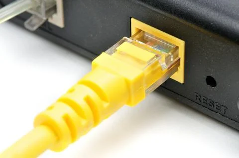 LAN cable with RJ45 plug on a white background Stock Photos