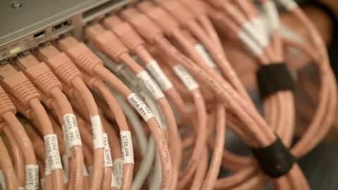 Lan cables coming out of a switch Stock Footage 87121435
