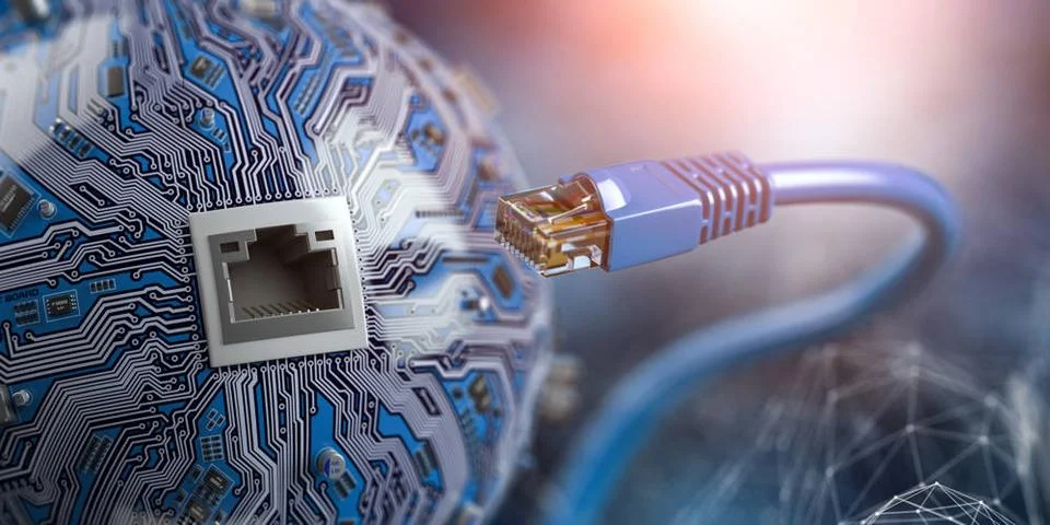 LAN network connection ethernet cable with computer chip. Internet cord on... Stock Photos