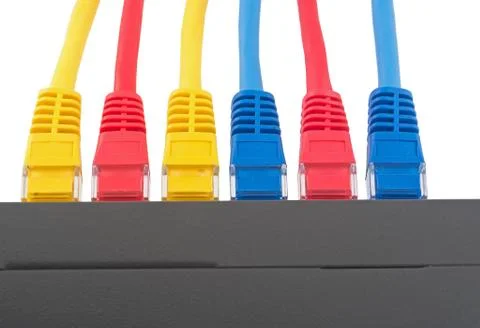LAN network switch with ethernet cables Stock Photos