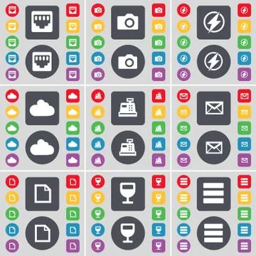 LAN socket, Camera, Flash, Cloud, Cash register, Message, Fire, Wineglass, Apps Stock Illustration