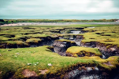 Land formations made by tidal currents in Northam Burrows at Westward Ho Stock Photos
