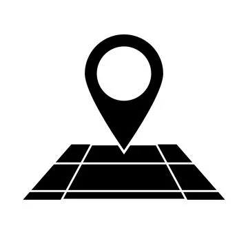 Land with grid lines and map pin silhouette icon. Vector. Stock Illustration