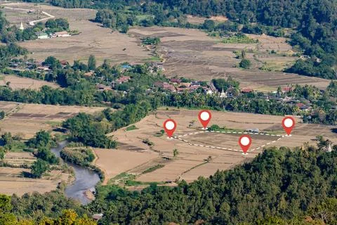 Land plot in aerial view. Identify registration symbol of vacant area for m.. Stock Photos