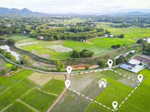 Land plot for building house aerial view, land field with pins, pin location  Stock Photos