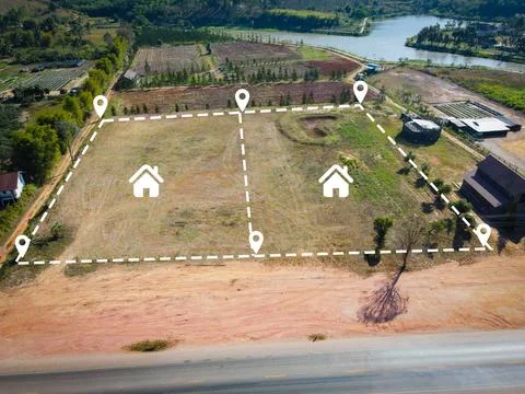 Land plot for building house aerial view, land field with pins, pin locatio.. Stock Photos
