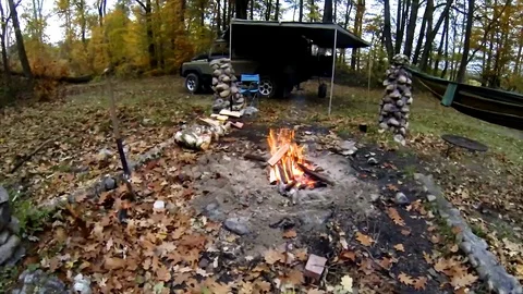 Land rover defender with full set up of roof and camping equipment Stock Footage 122173757