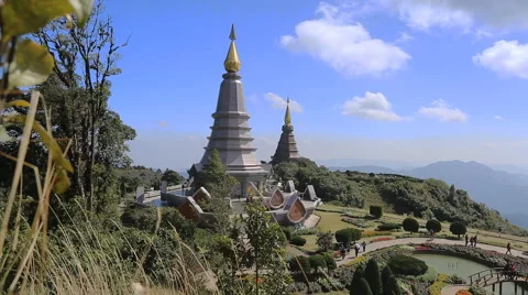 Land scape view of Doi Inthanon National Park , Two pagoda on the moutain Stock Footage 61249692