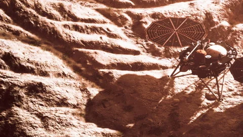 Lander explores the surface of an alien planet during a space mission Stock Footage 344397605