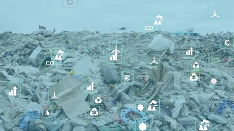 Landfill heap getting data overlay after sensor scan, icons highlighting carbon Stock Footage 335234809