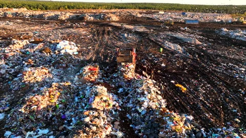Landfill with solid household waste. Garbage dump with plastic and polyethylene. Video stock 219834463
