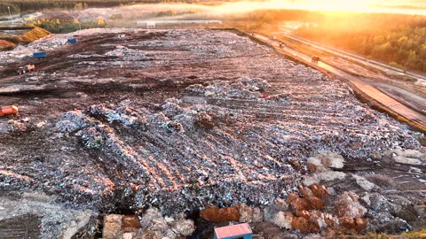 Landfill with solid household waste. Garbage dump with plastic and polyethylene. Stock Footage 219861096