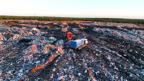 Landfill with solid household waste. Garbage dump with plastic and polyethylene. Stock Footage 219896106