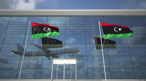 Landing airliner and flags of Libya in the airport terminal. 3D rendering Stock Illustration