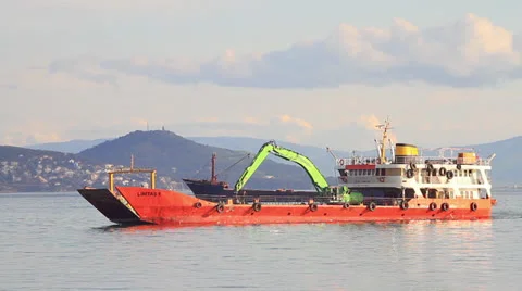 Landing craft with a backhoe loader Video stock 22730395