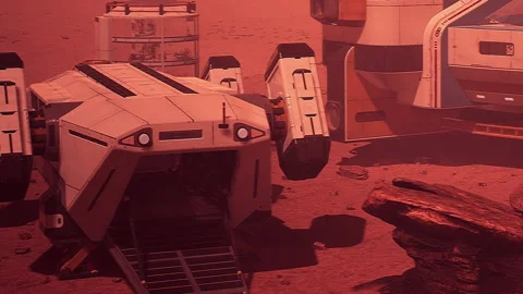 Landing craft on the surface of Mars near a research station Stock Footage 344118434