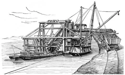Landing Floating used to stabilize the Danube, vintage engraving. Stock Illustration