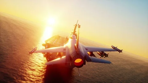 Landing jet on aircraft carrier in ocean. Military and war concept. Realistic 4k Stock Footage