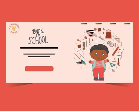 Landing page back to school with school boy and school supplies. Stock Illustration