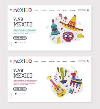 Landing Page with Bright Mexico Elements and Symbols Vector Template Illustrazione stock