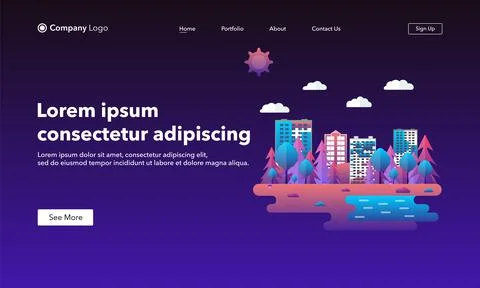 Landing page concept. Modern city landscape on a dark background. Vector illu Illustration