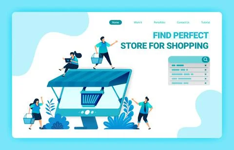 Landing page of e-commerce online with a shopping cart metaphor and monitor w Stock Illustration