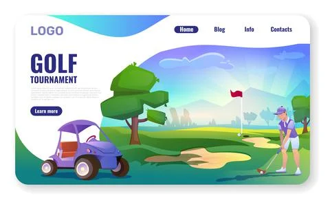 Landing page with golf course, player man and golf cart Stock Illustration