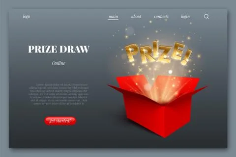 Landing page layout. Red gift box with golden lights and confetti and Prize word Stock Illustration