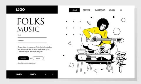 Landing page line art vector illustration of a man with afro hair playing gui Stock Illustration