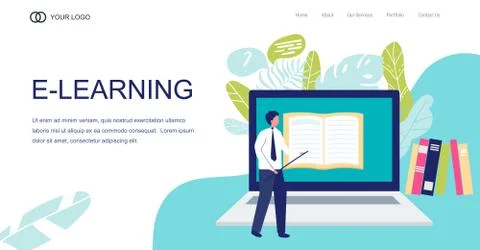 Landing Page, template banner. Vector online education illustration of teacher Stock Illustration