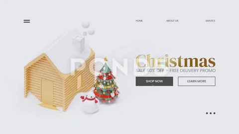 Landing Page Template WIth Cabin In Snow 3D Rendering Illustration Plantilla PSD