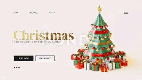 Landing Page Template WIth Christmas Pine Tree 3D Rendering Illustration PSD Template