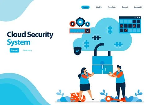 Landing page template of cloud computing security system. cooperation to impr Stock Illustration