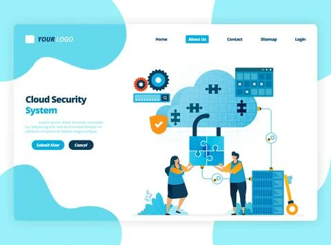 Landing page template of cloud computing security system. cooperation to impr Stock Illustration