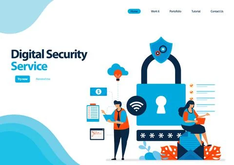 Landing page template of digital security service to protect access and use o Stock Illustration