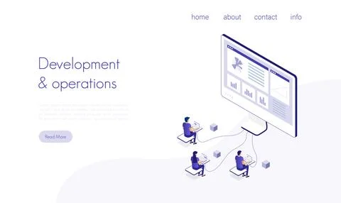 Landing page template with group of programmers coding on laptops, computer.. Stock Illustration