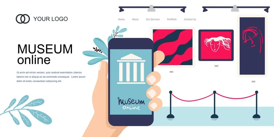 Landing Page Template. Interactive museum exhibition. smartphone. Virtual Mus Stock Illustration
