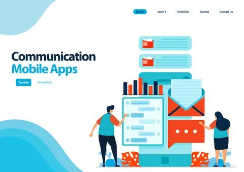 Landing page template of mobile apps for communication and sending messages.  Illustrazione stock