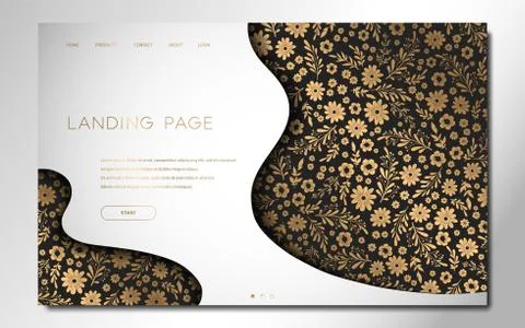 Landing page template with pattern from small hand drawn gold flowers, leaves Stock Illustration